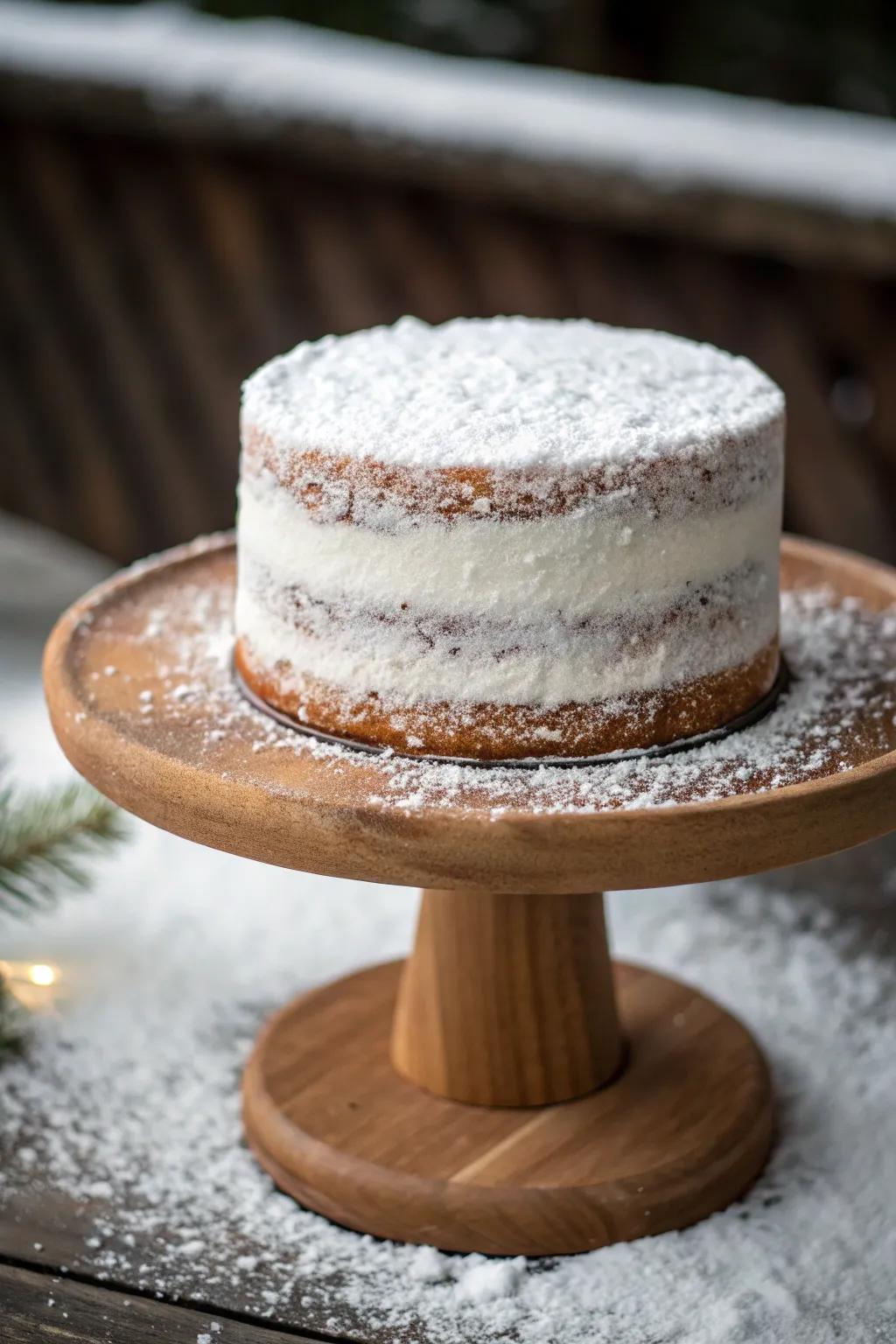 A rustic naked cake with a snowy twist.