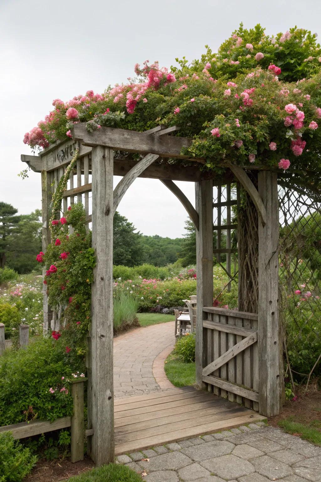 Welcome visitors with a charming wooden arbor.