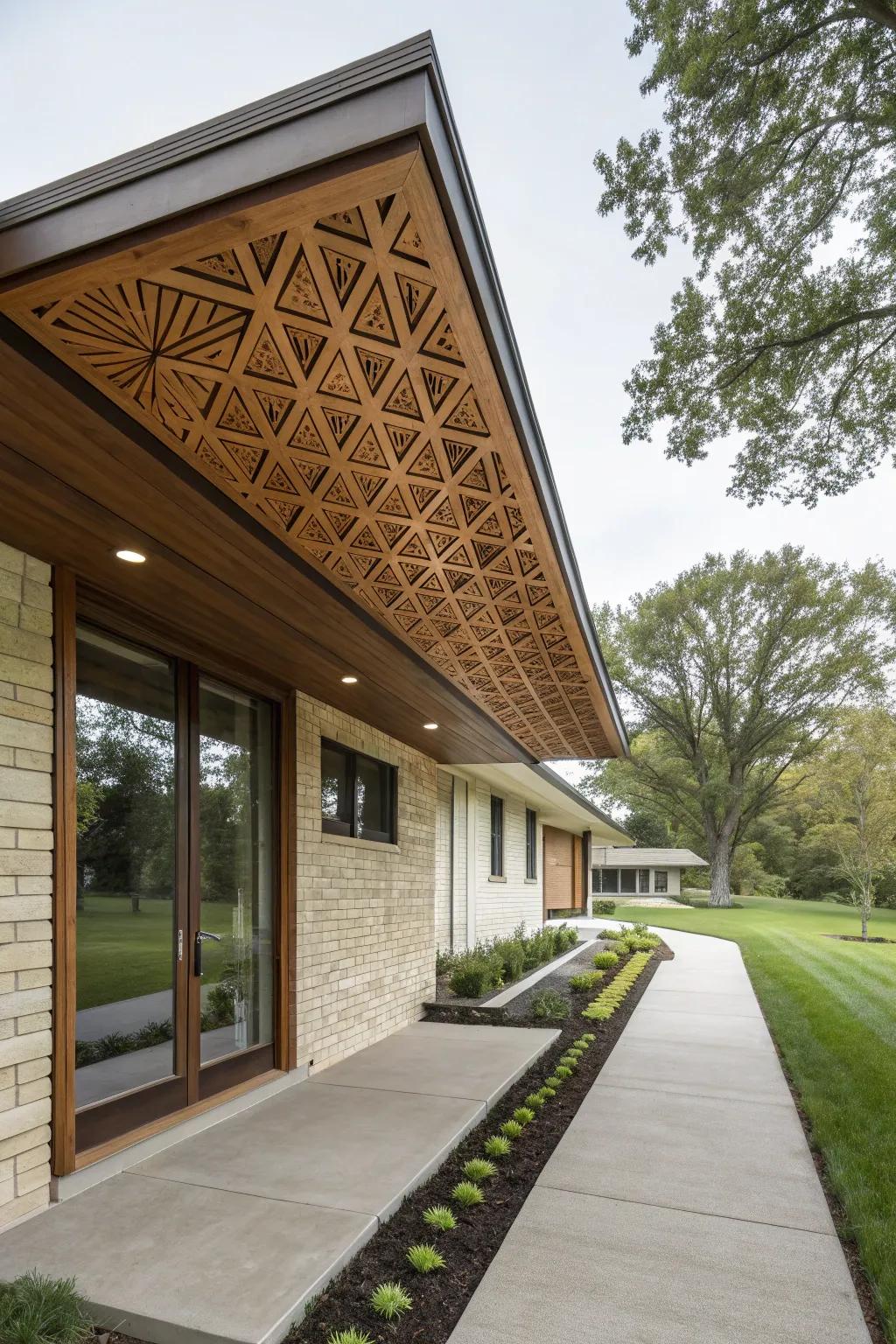 Geometric patterns in wood soffits add artistic flair.