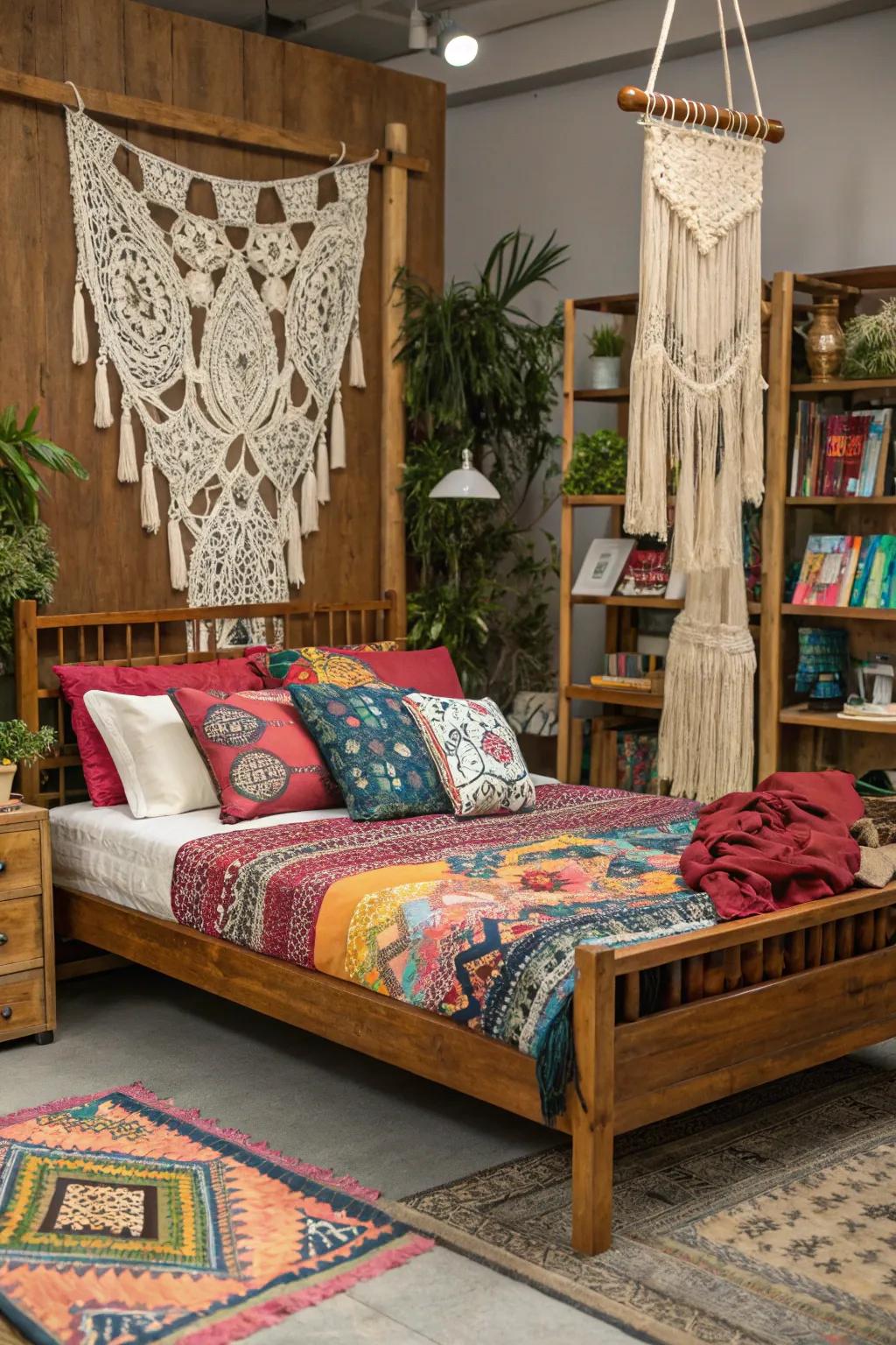 Bohemian style brings this wooden bed to life.