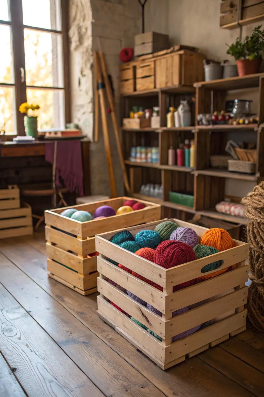 Stacked wooden crates offer customizable and rustic yarn storage.