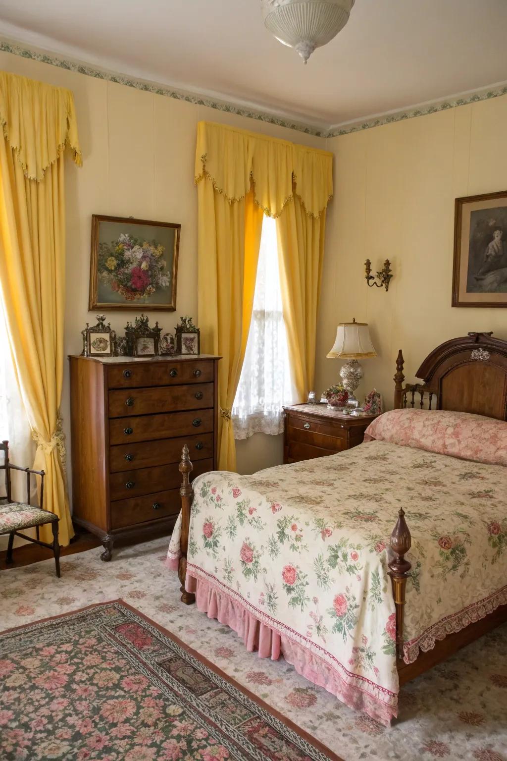 Yellow curtains paired with vintage decor bring timeless elegance to the bedroom.