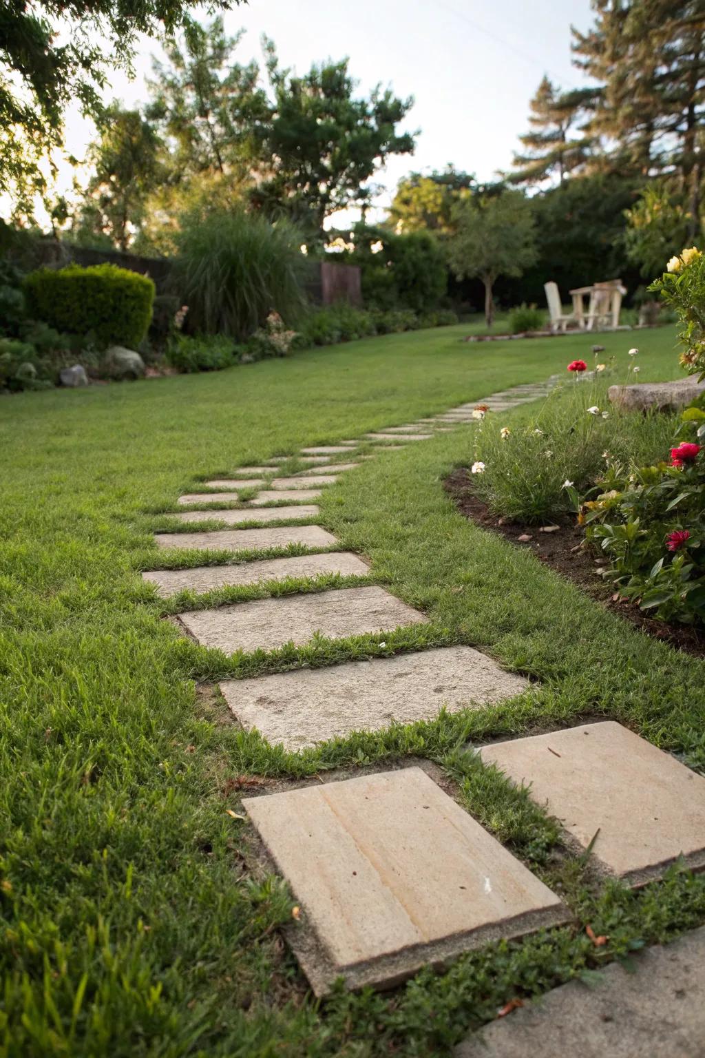 Whimsical stepping stones through a lush lawn.