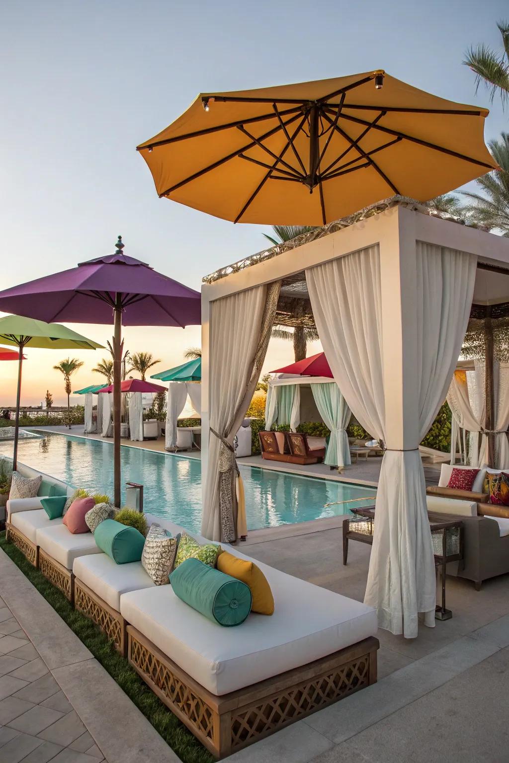 A chic cabana lounge provides a comfortable retreat by the pool.