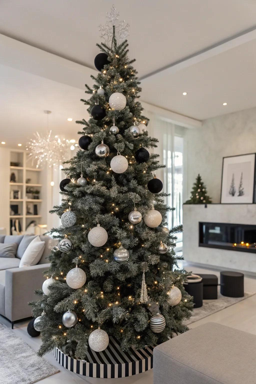 A sleek and modern monochrome-themed Christmas tree.