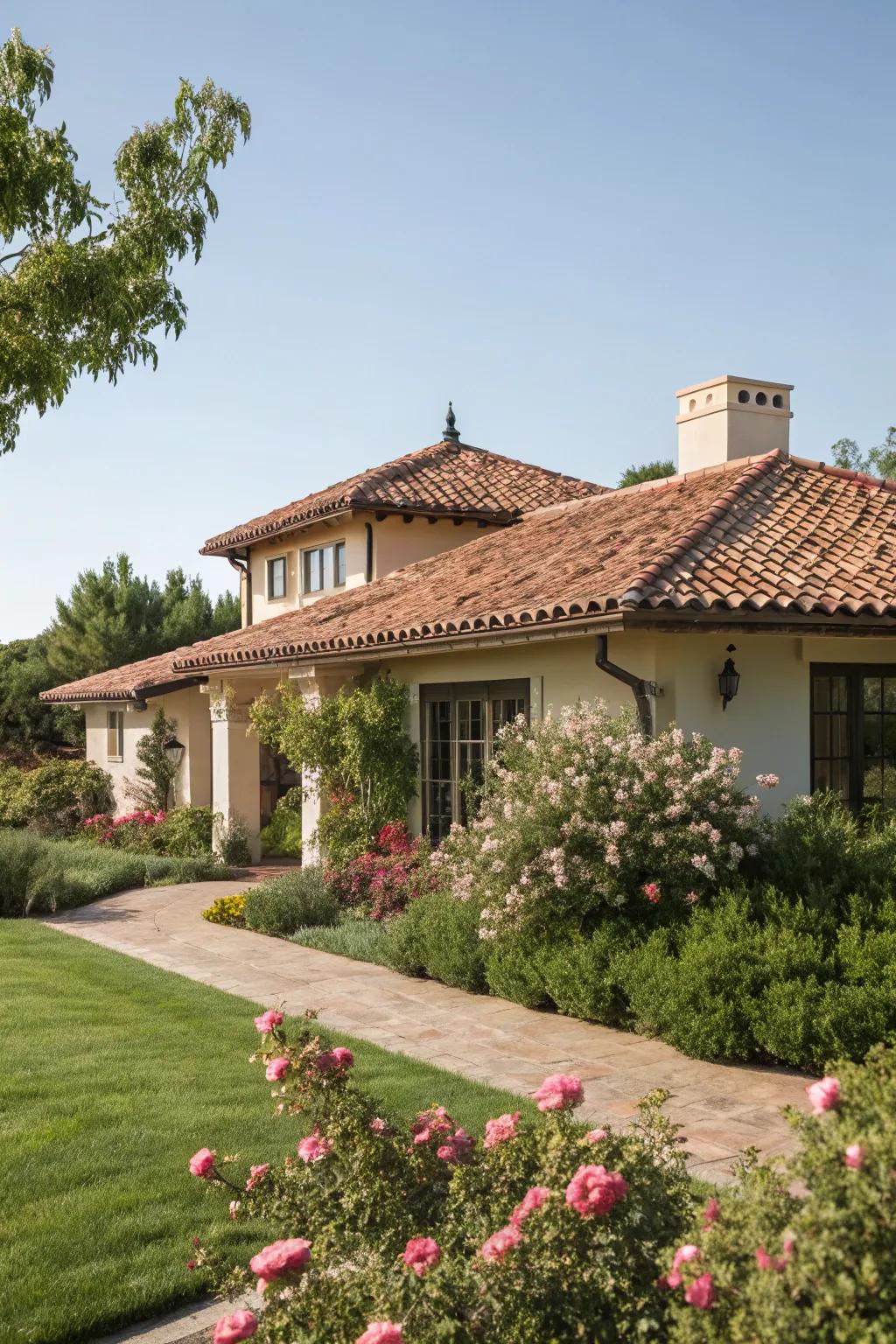 Clay tiles provide durability and aesthetic appeal in hot climates.