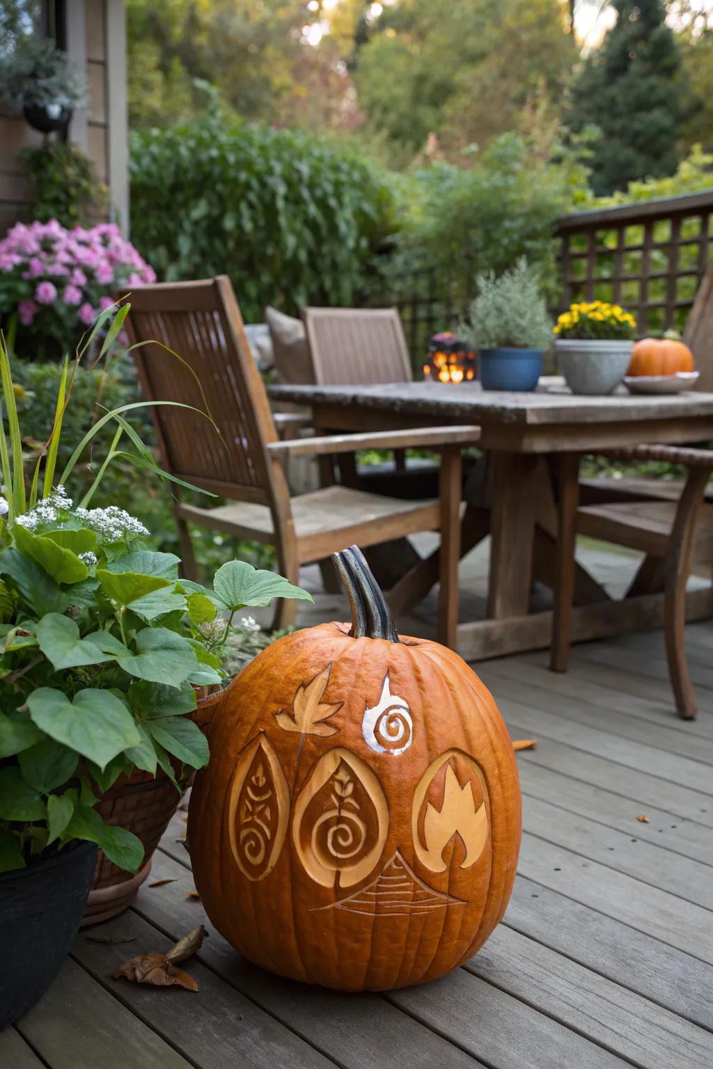 Add a mystical touch with elemental anime symbol pumpkins.