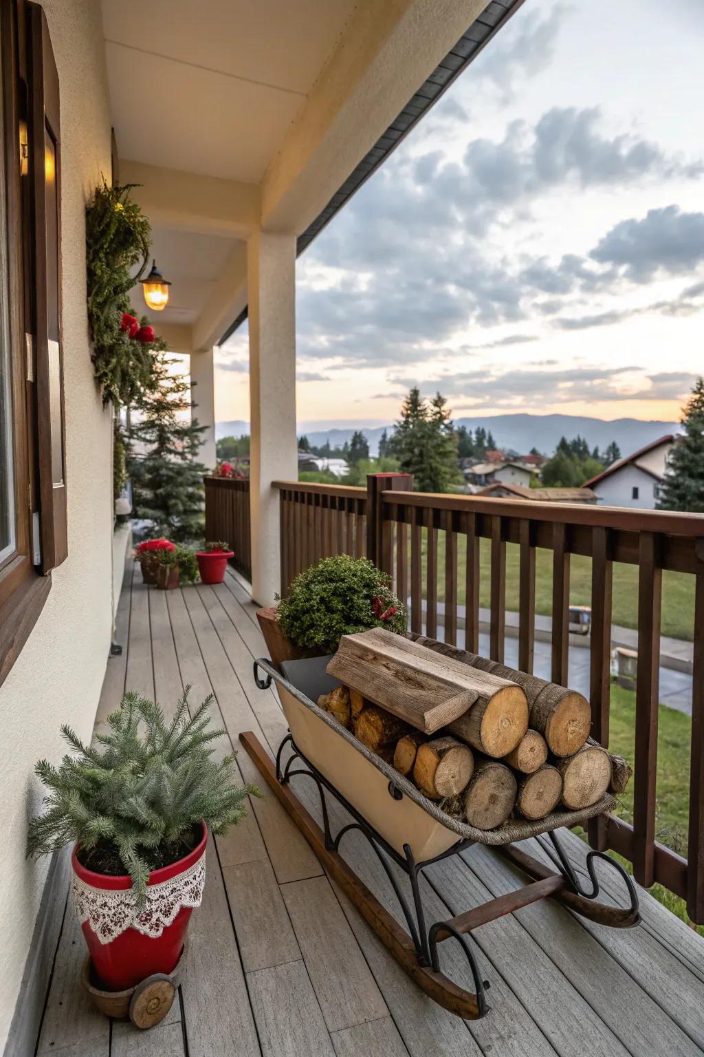 A vintage sled adds nostalgic charm to this balcony.