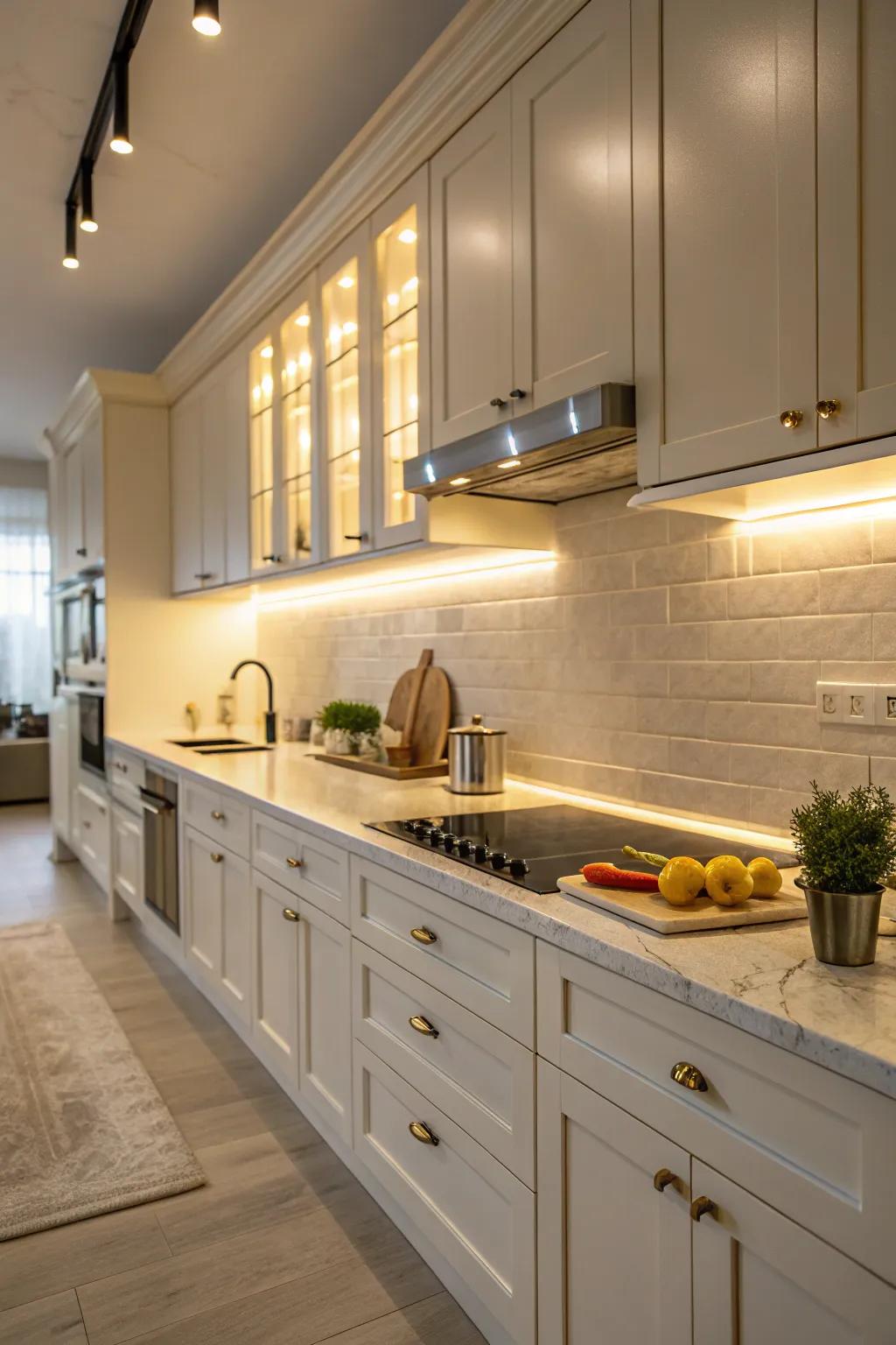 Undercabinet lighting enhances visibility and ambiance.