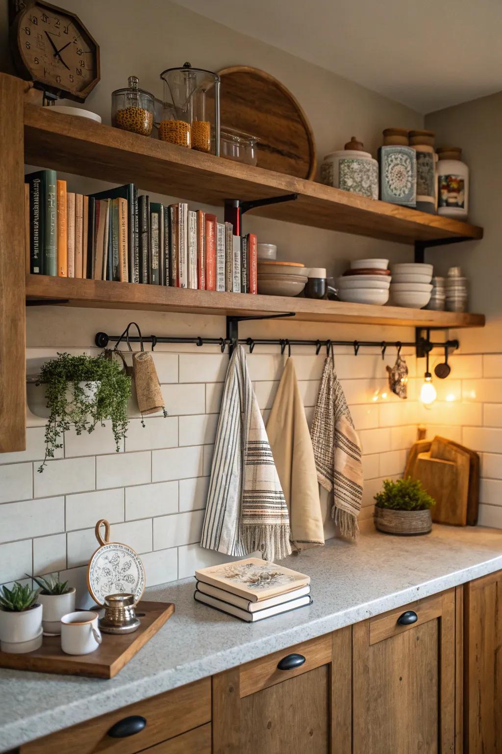 Floating shelves blend practicality with elegance for apron displays.