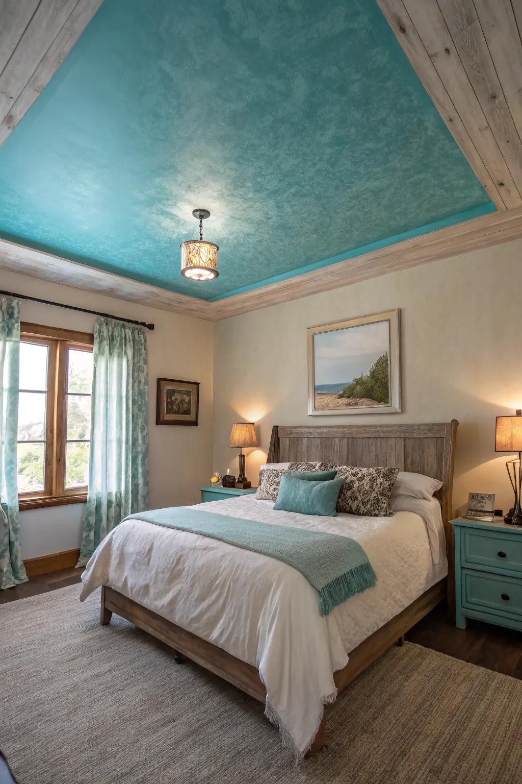 An aqua blue ceiling creates a unique and calming focal point.