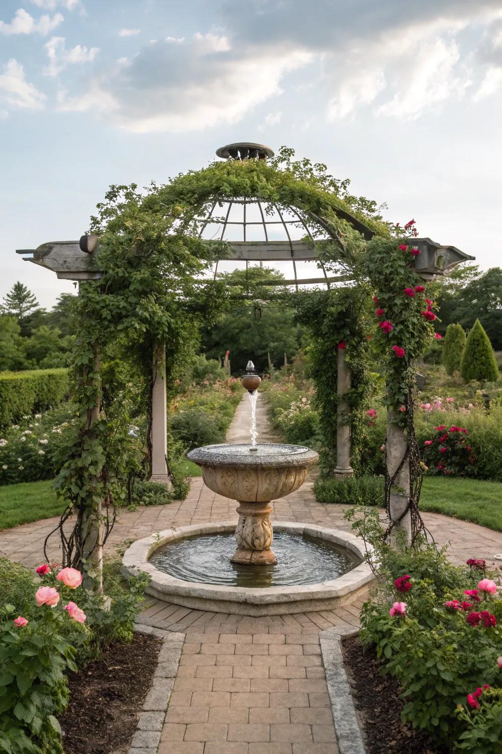 A serene arbor with a soothing water feature nearby.