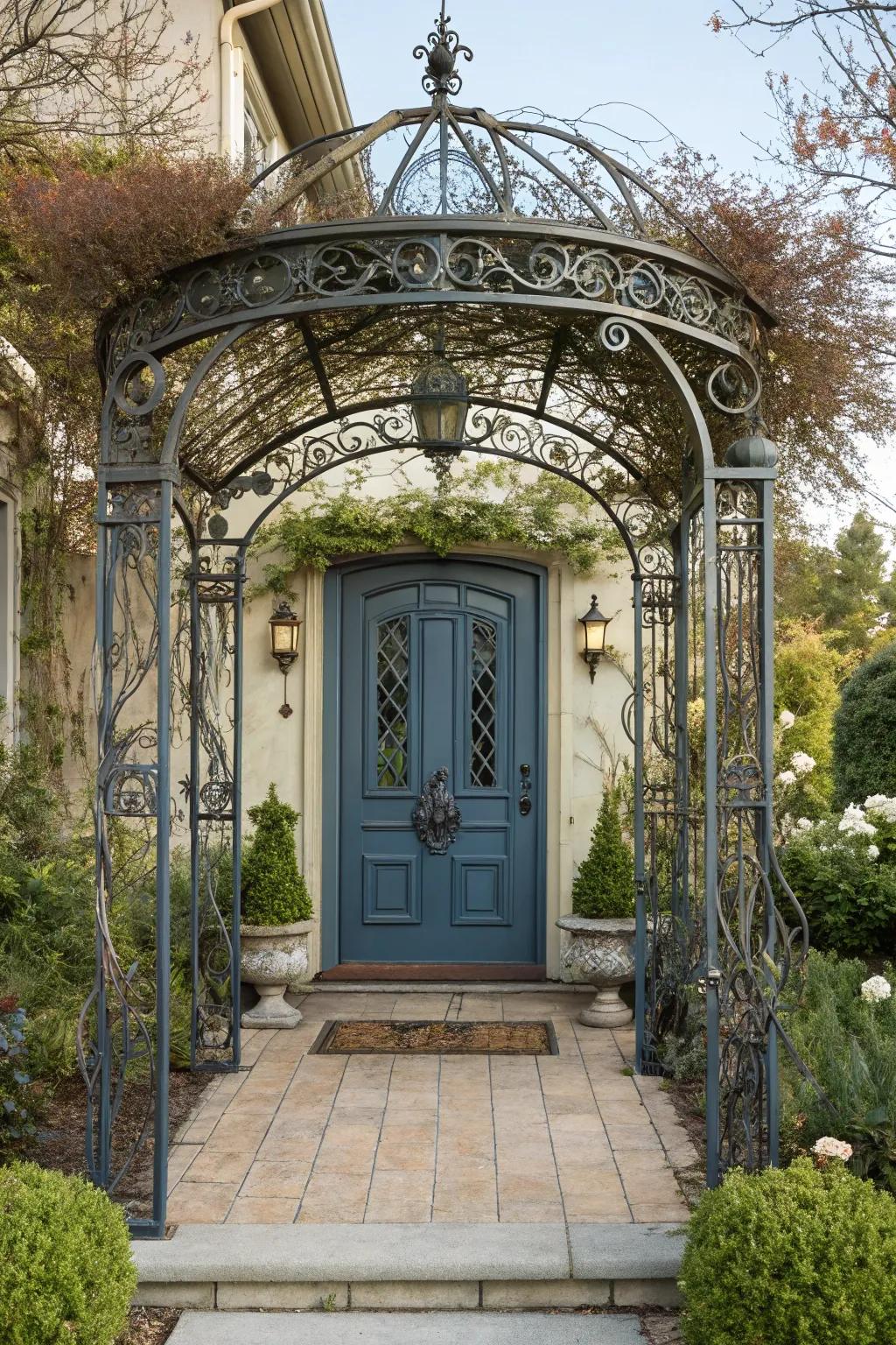 A vintage iron arbor for a sophisticated and timeless entrance.