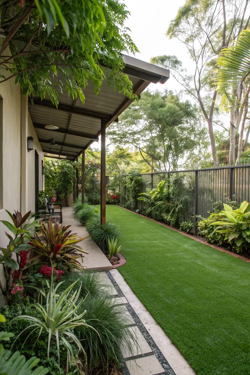 Transform your side yard into a lush retreat with artificial grass.