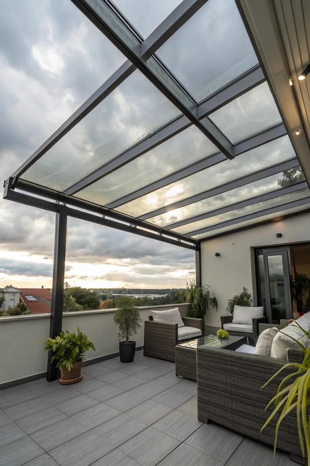 Bathe in natural light with a glass roof awning.