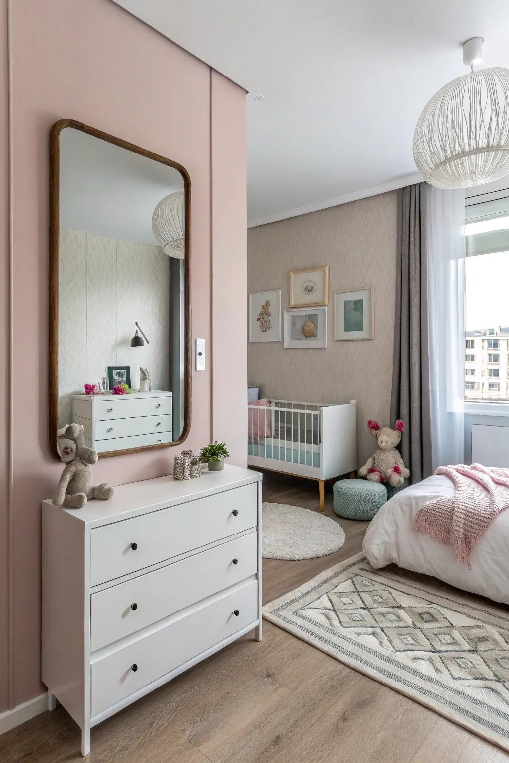 Mirrors can enhance the perception of space and light in a compact nursery nook.