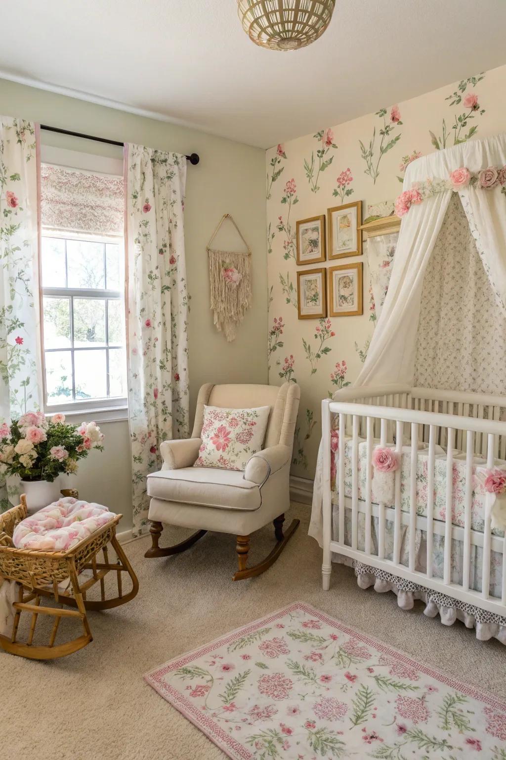 Vintage floral elements bring timeless charm to the nursery.