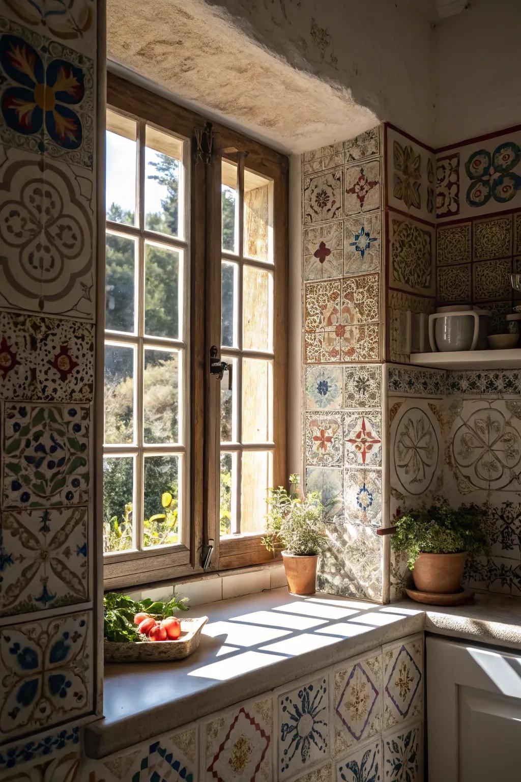 Patterned encaustic tiles bringing artistry around a kitchen window.