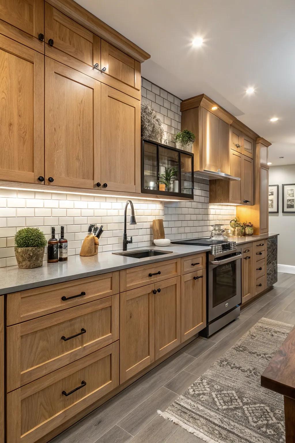 Industrial-style tiles add an edgy contrast to maple cabinets.