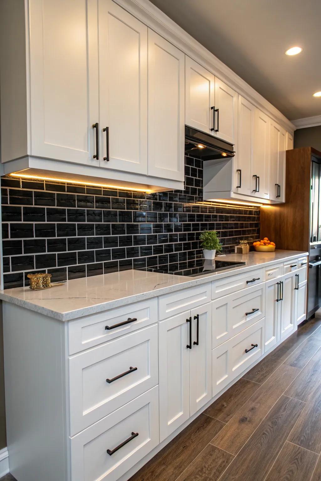 Black backsplash adds bold contrast and depth