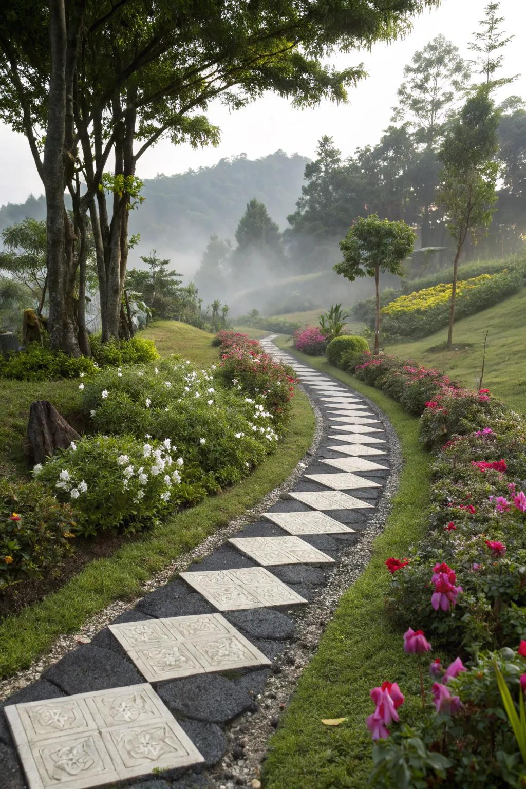 Contrasting colors in stepping stones create a bold garden statement.