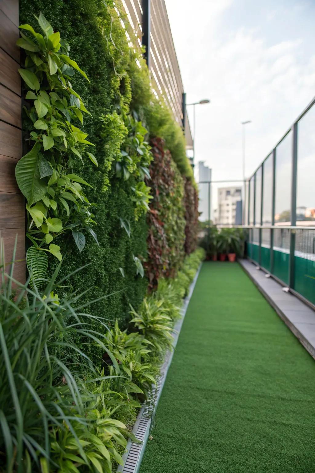 A green wall adding height to a turf area.