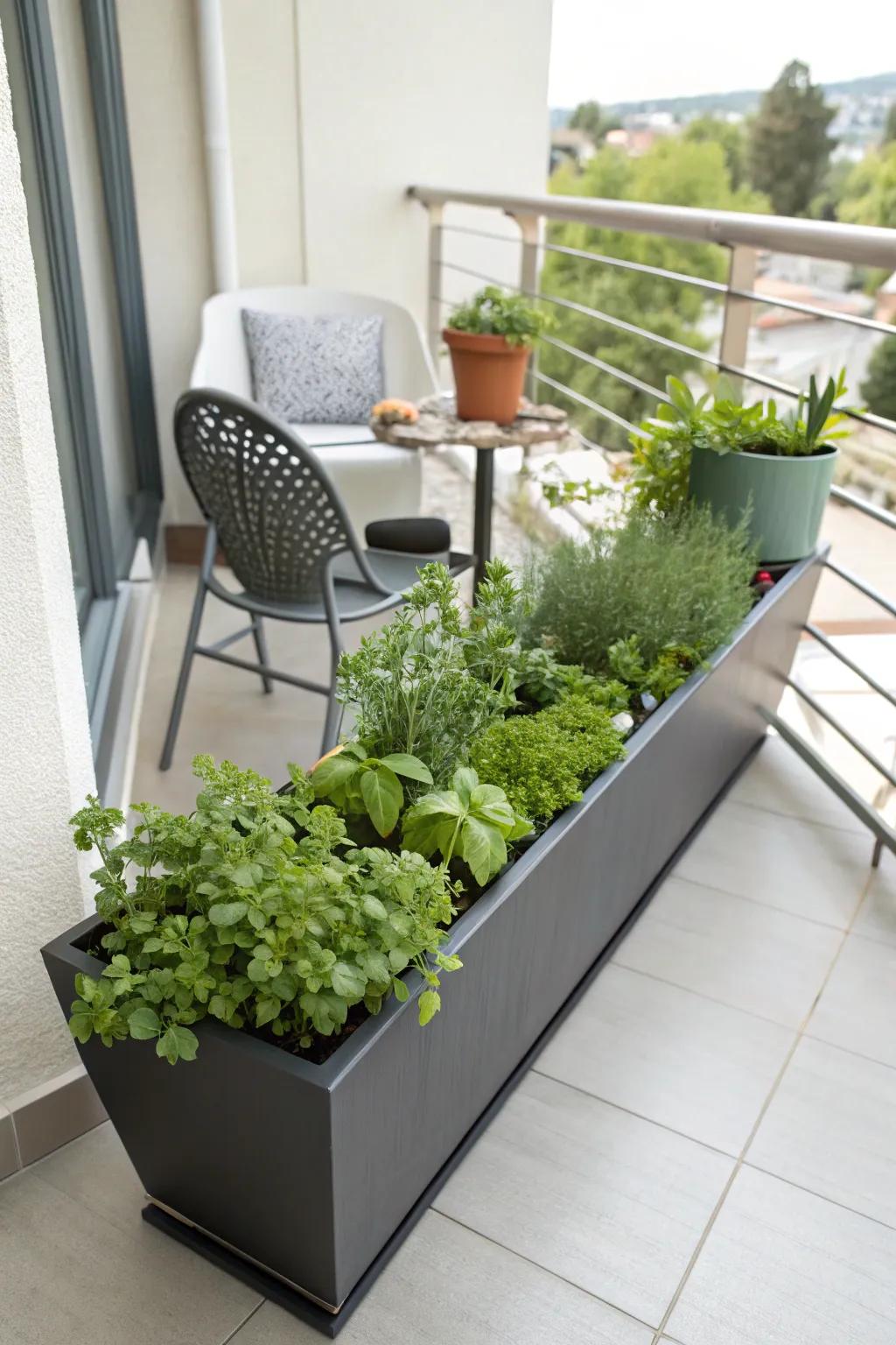 Trough planters offer a modern and minimalistic herb garden solution.