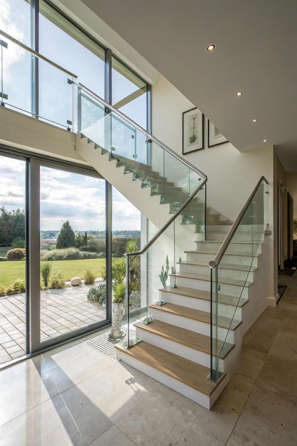 Sleek and modern with glass panel banisters.