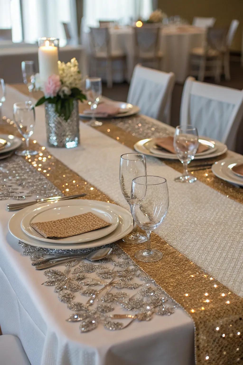 Textured table runners adding elegance and depth.