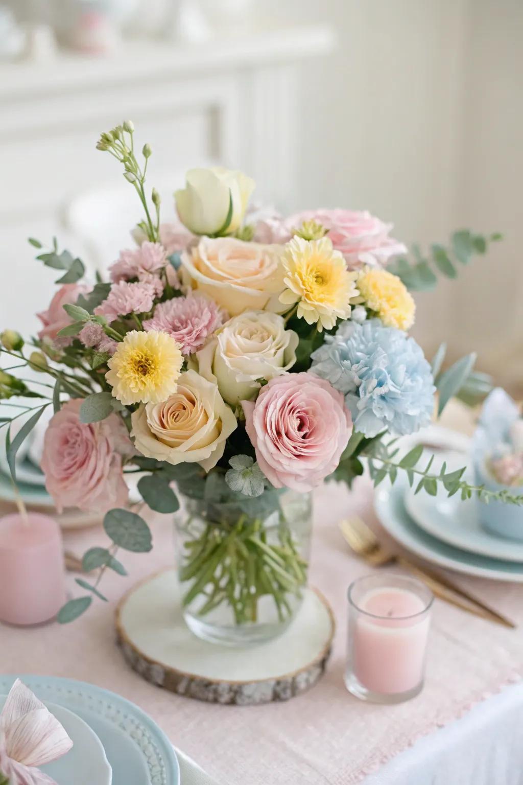 Pastel-themed arrangements create a gentle, serene atmosphere.