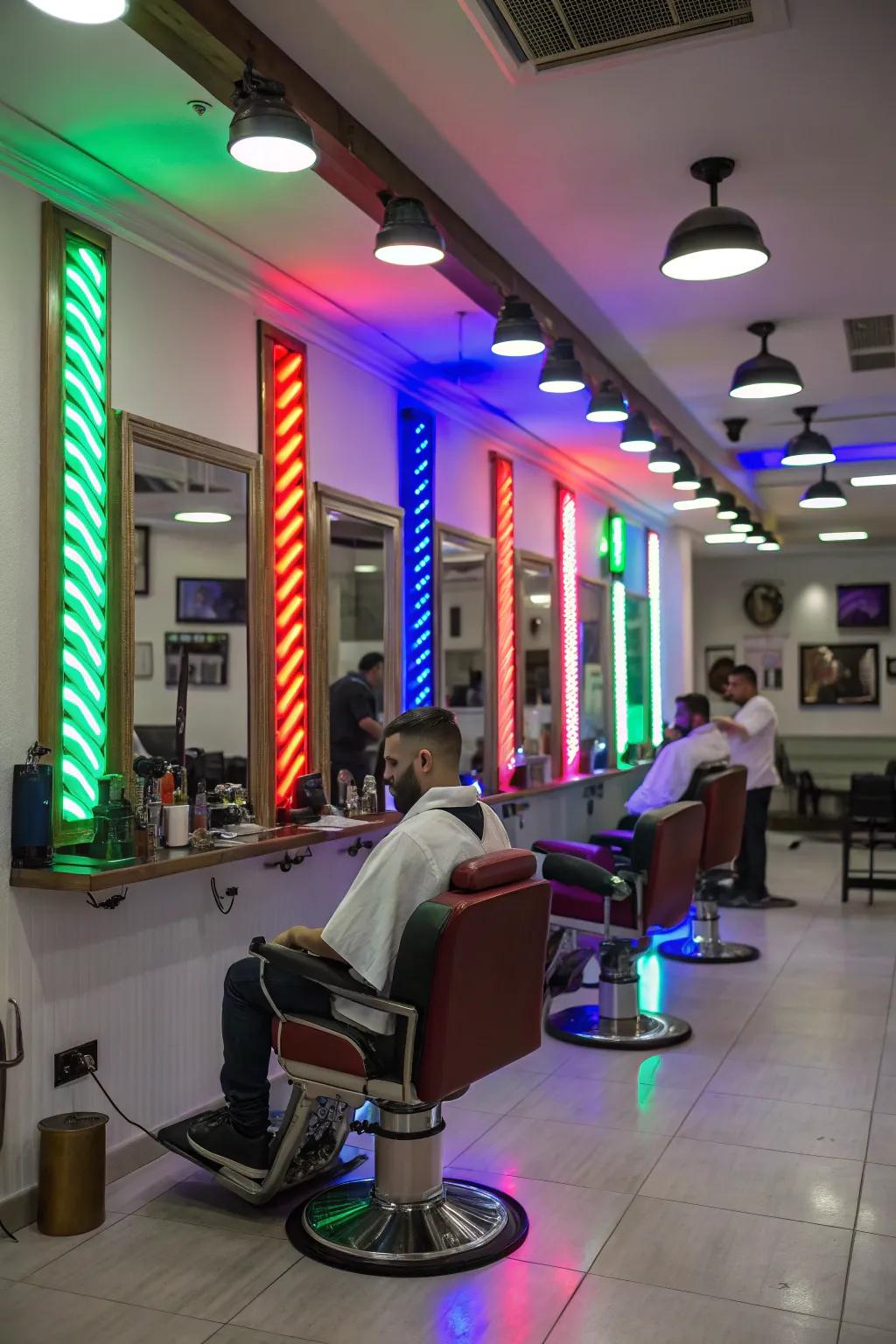 A colorful and playful barbershop enhanced by dynamic LED lighting.