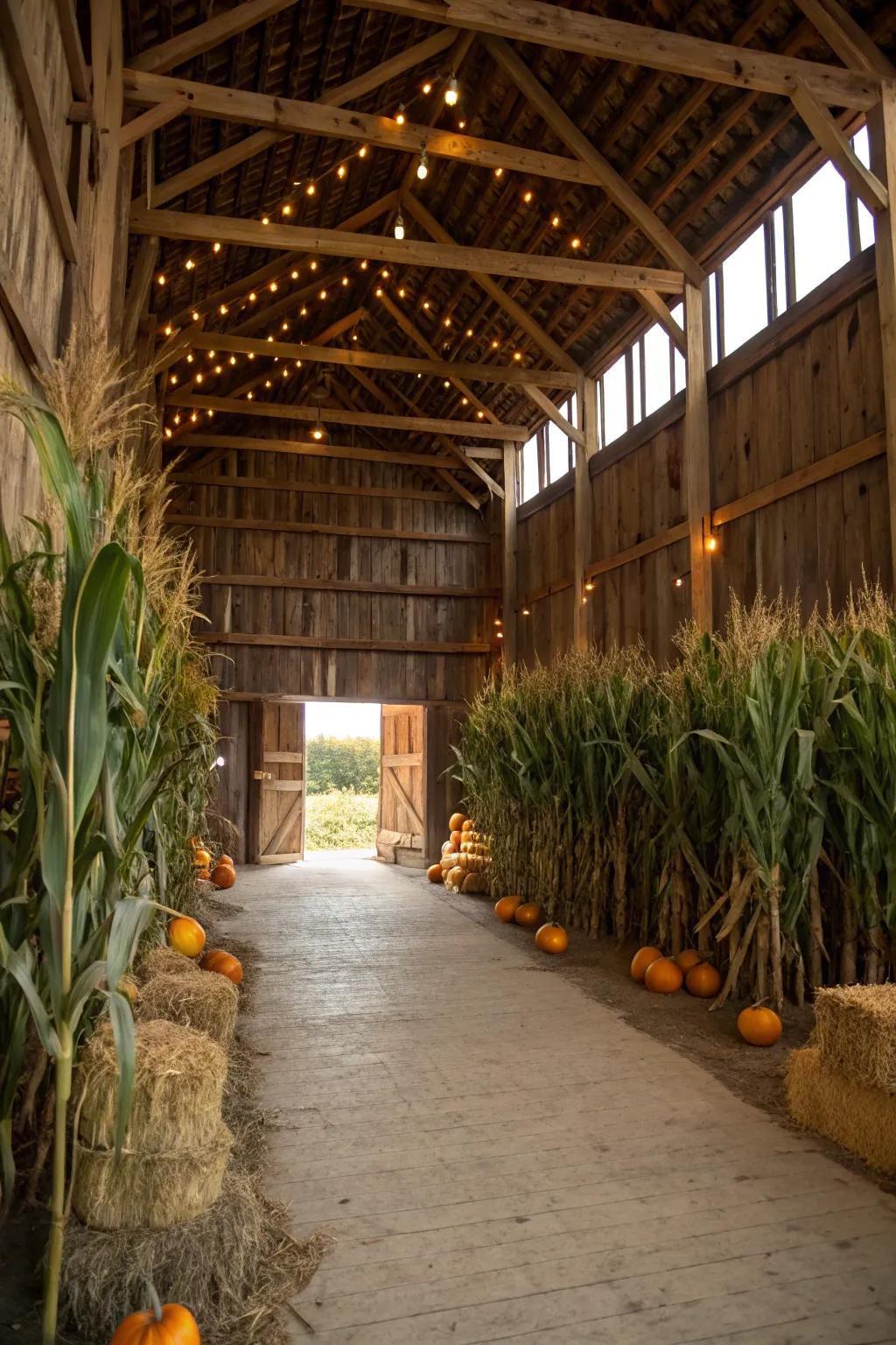 Corn stalks add a seasonal and rustic touch.