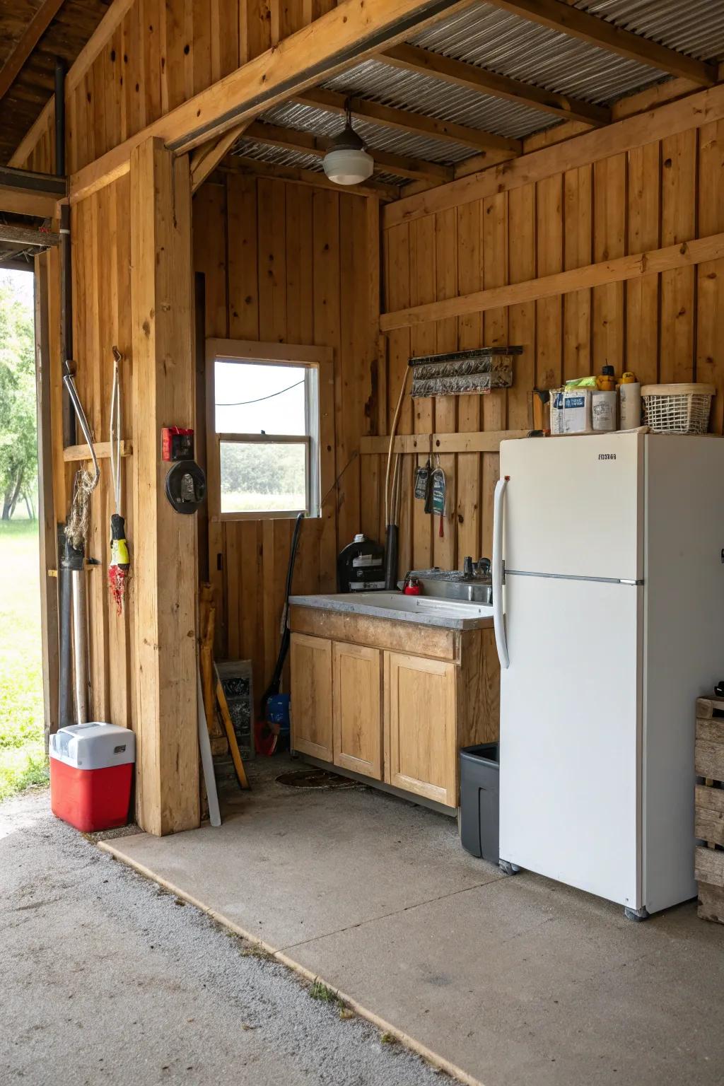 A fridge and sink area adds convenience to this barn garage.