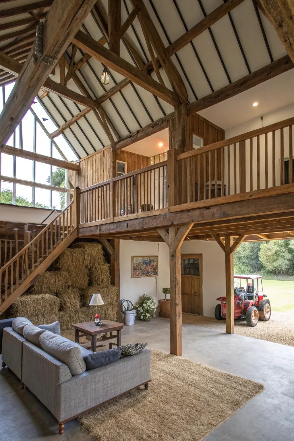A barn loft with a mezzanine level, offering additional space and style.