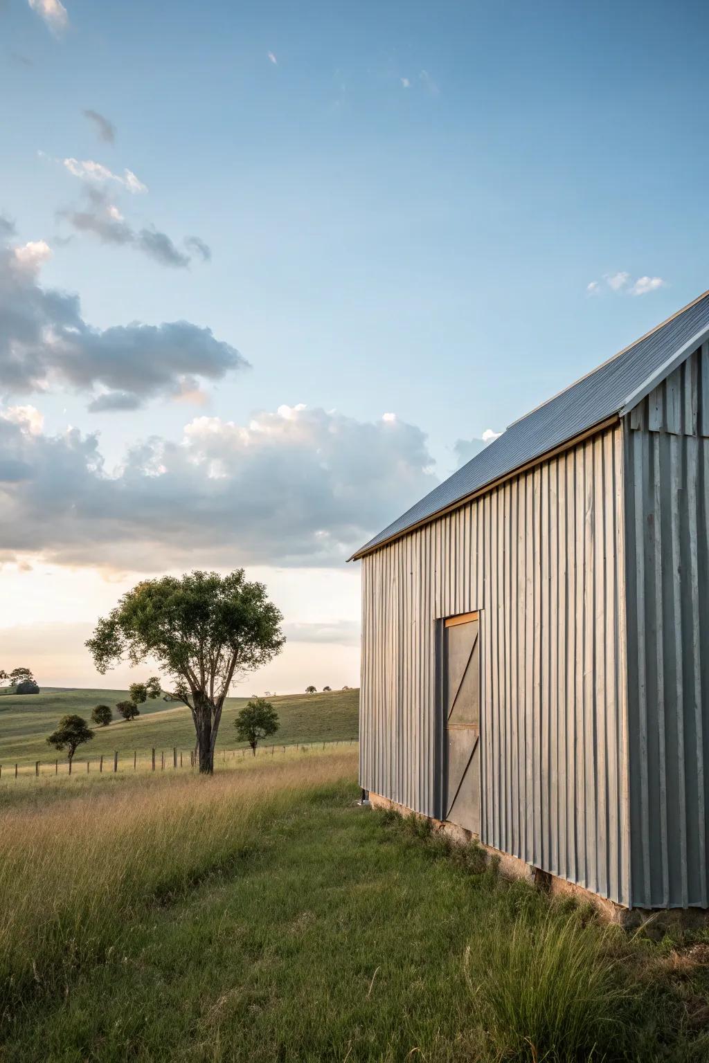 A barn with corrugated metal siding that makes a striking visual impact.