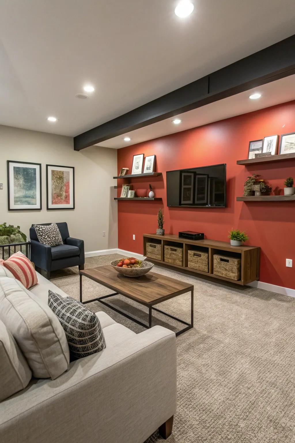 An accent wall adds character and intrigue to this basement family room.