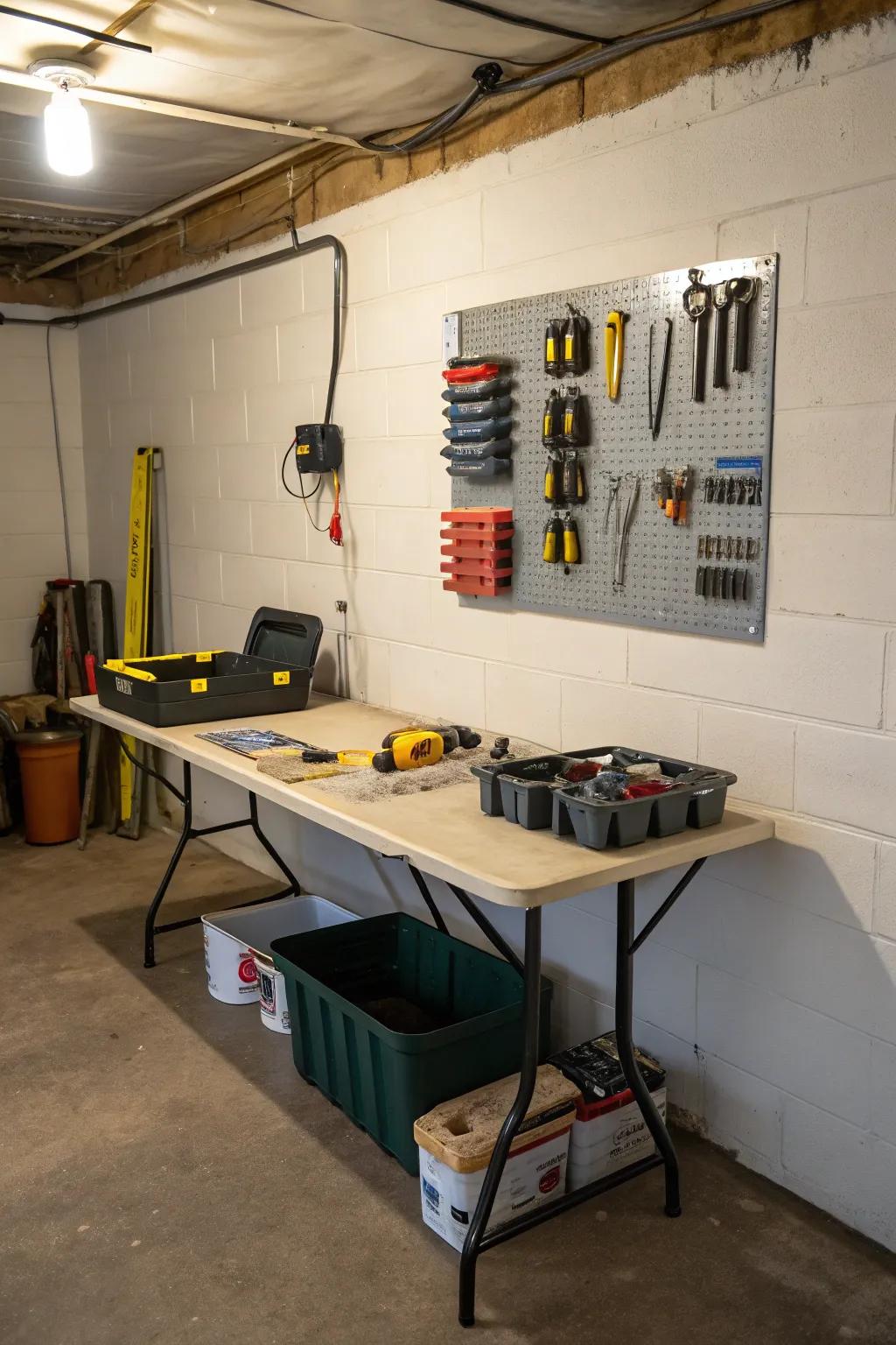 A folding table provides a practical workspace in the basement.