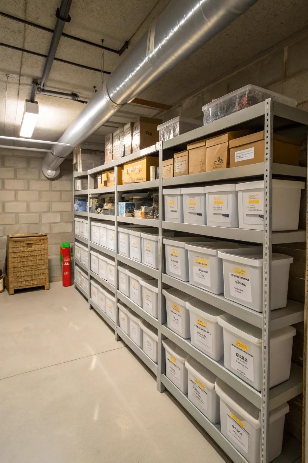 Compact shelving maximizes storage in tight basement spaces.