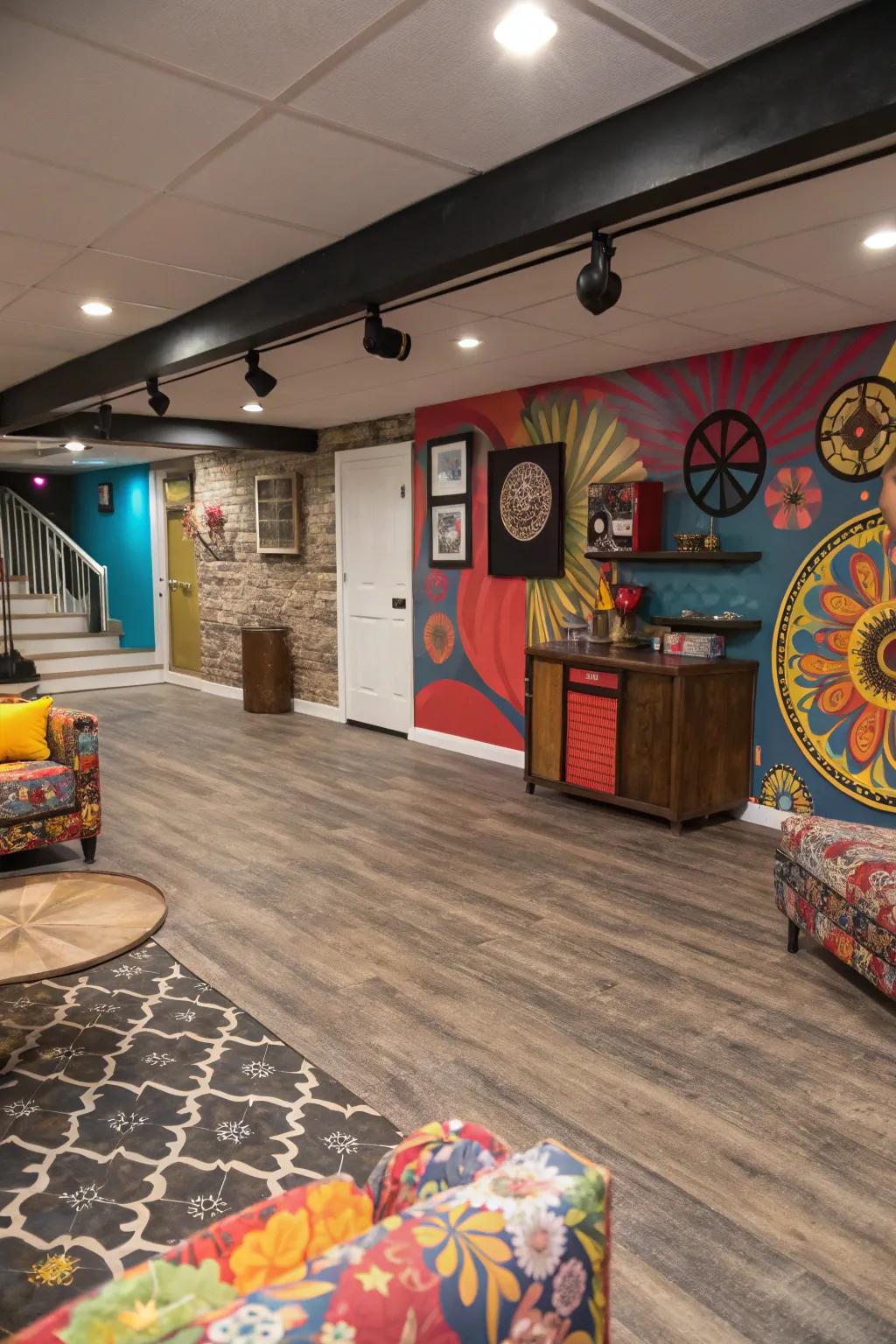 Mixed material vinyl flooring adds an eclectic touch.