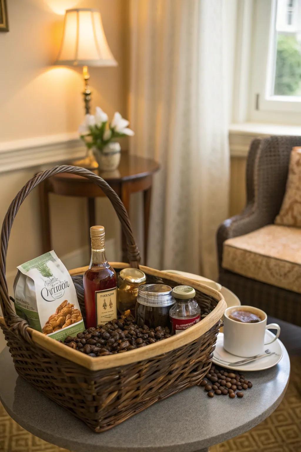 Luxury coffee or tea complements the basket with warm sophistication.