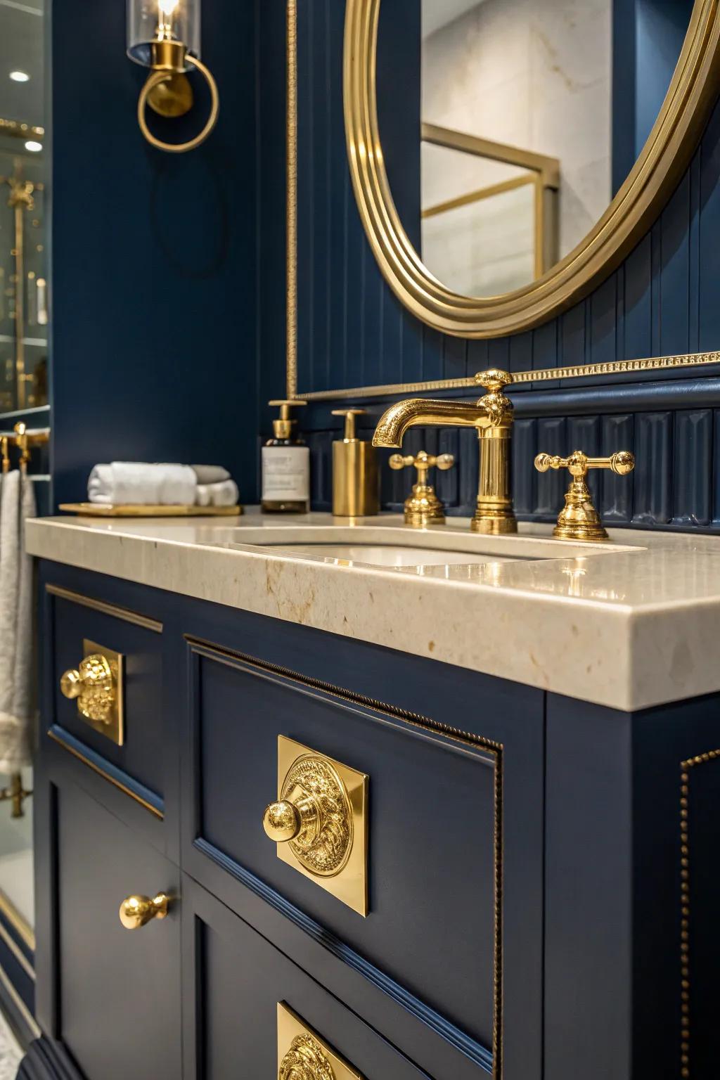 All gold hardware exudes luxury and warmth.