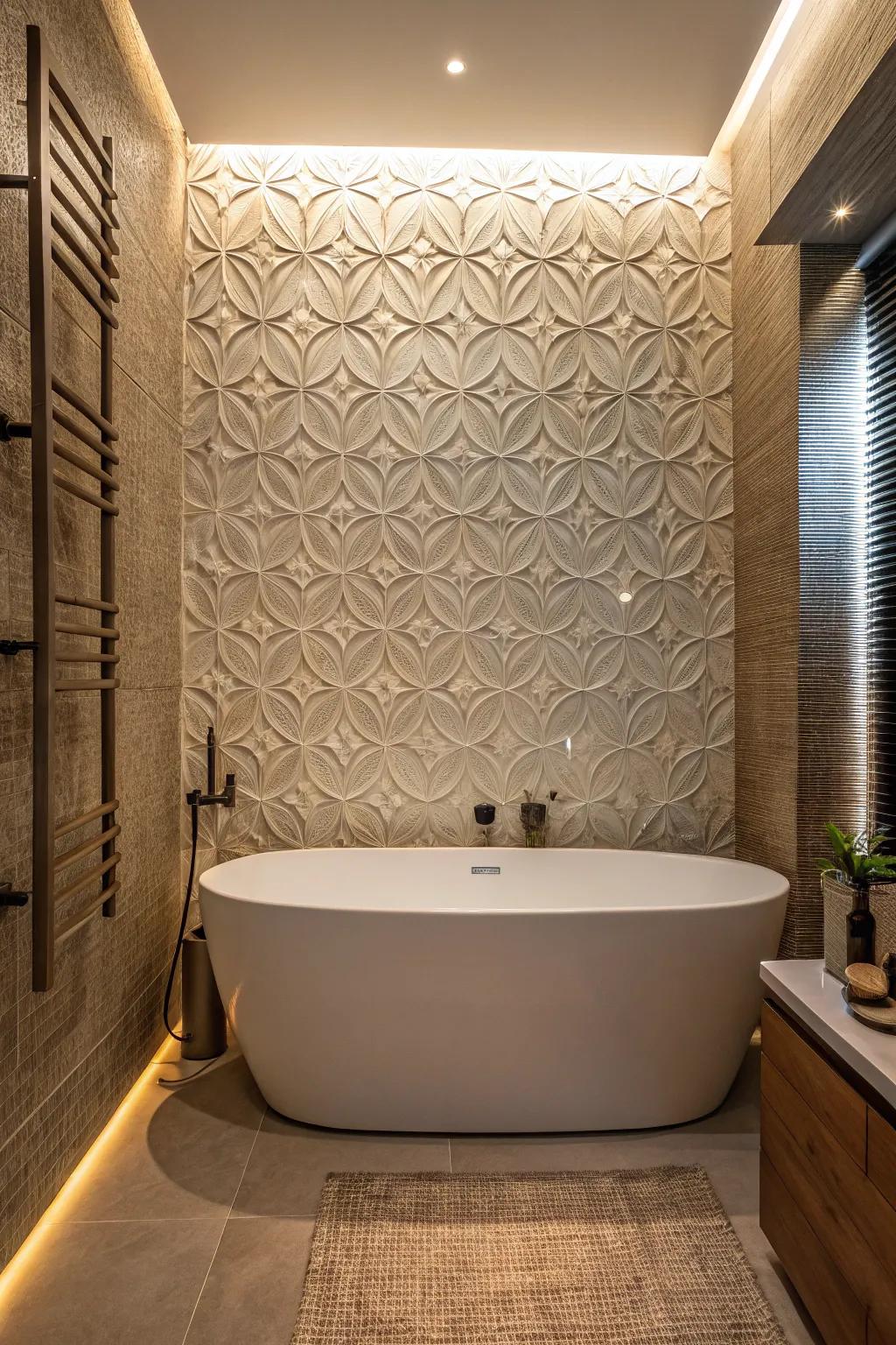 Textured tiles create a visually interesting backdrop for the bathtub.