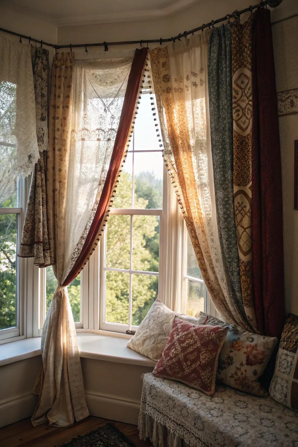 Eclectic curtain styles for a unique and bohemian bay window look.