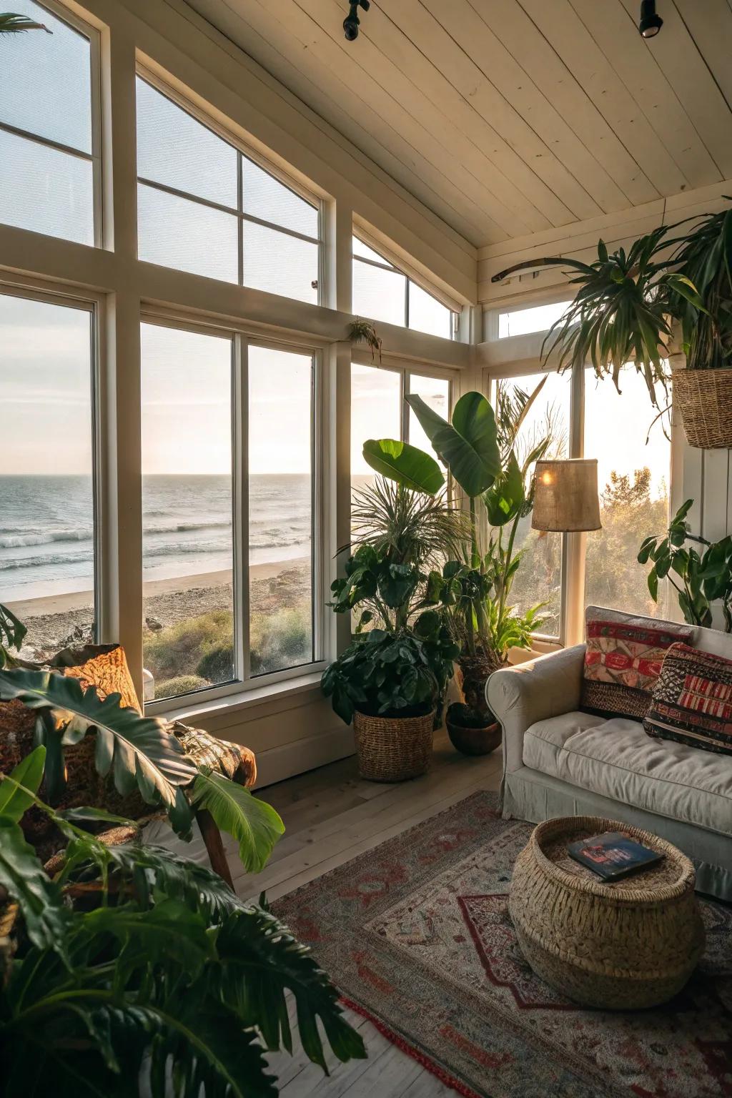 Lush indoor plants that bring life and freshness to this beach house.