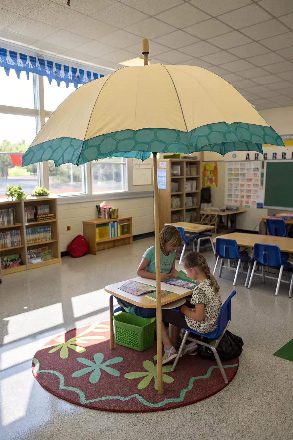 A beach umbrella adds a whimsical and functional touch to the classroom decor.