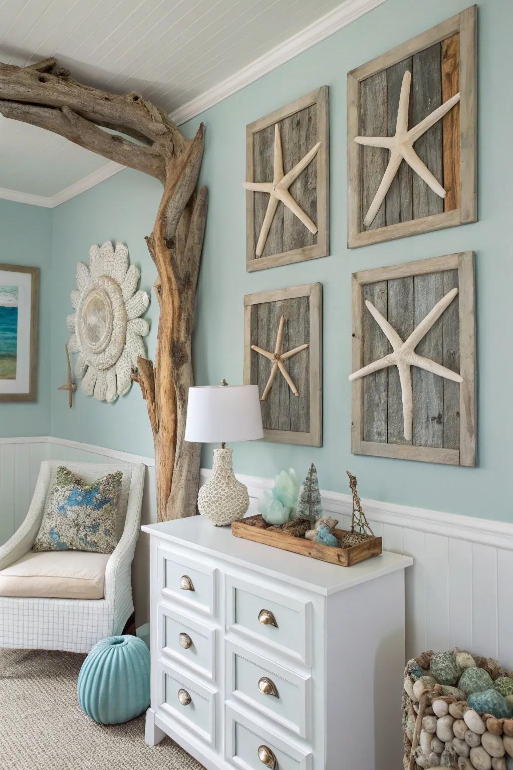 Driftwood art adds a rustic beachy touch.