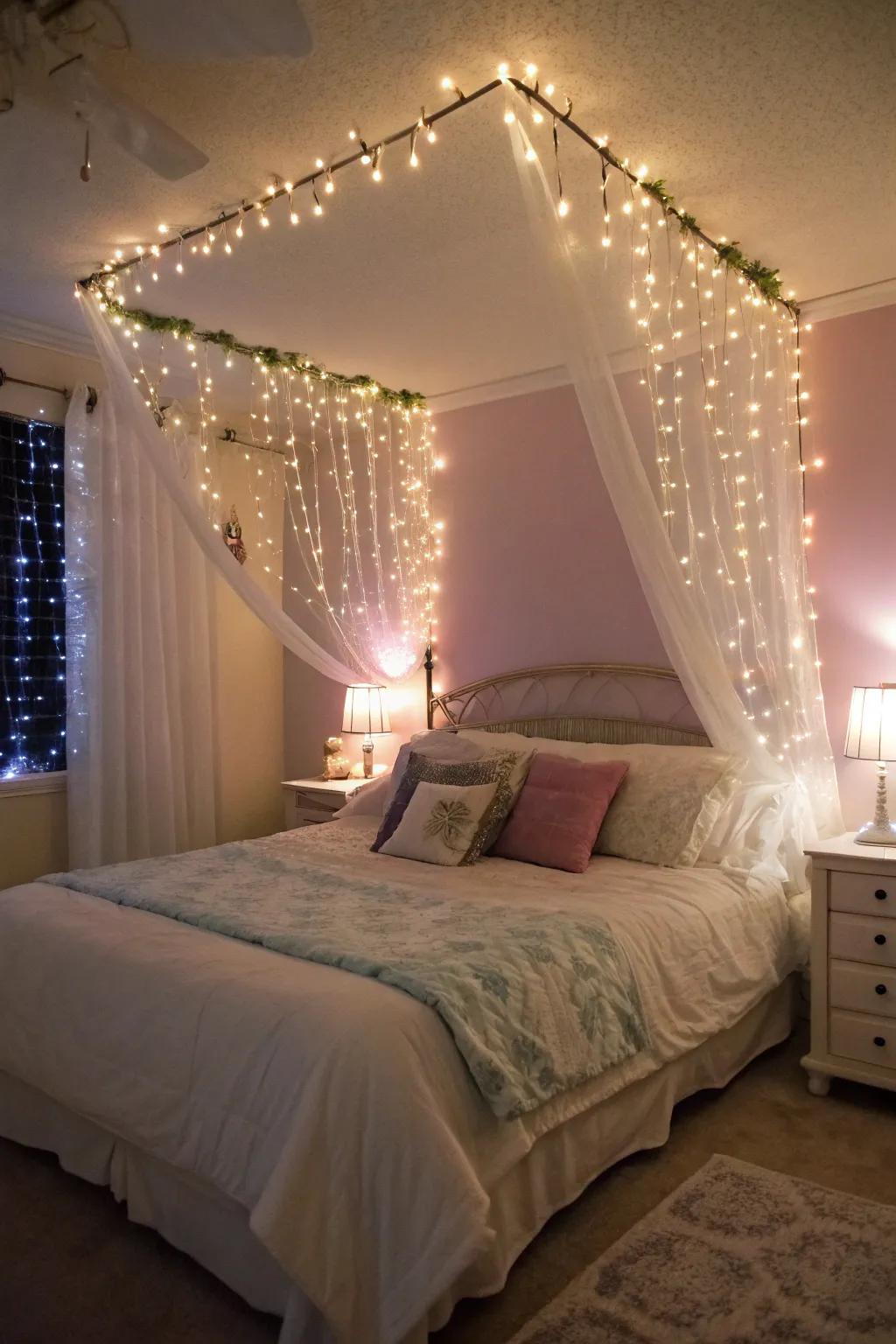 Fairy lights add a whimsical touch to bedroom decor.