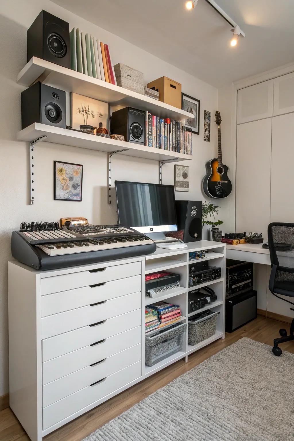 Under-desk storage helps optimize space management in your music studio.