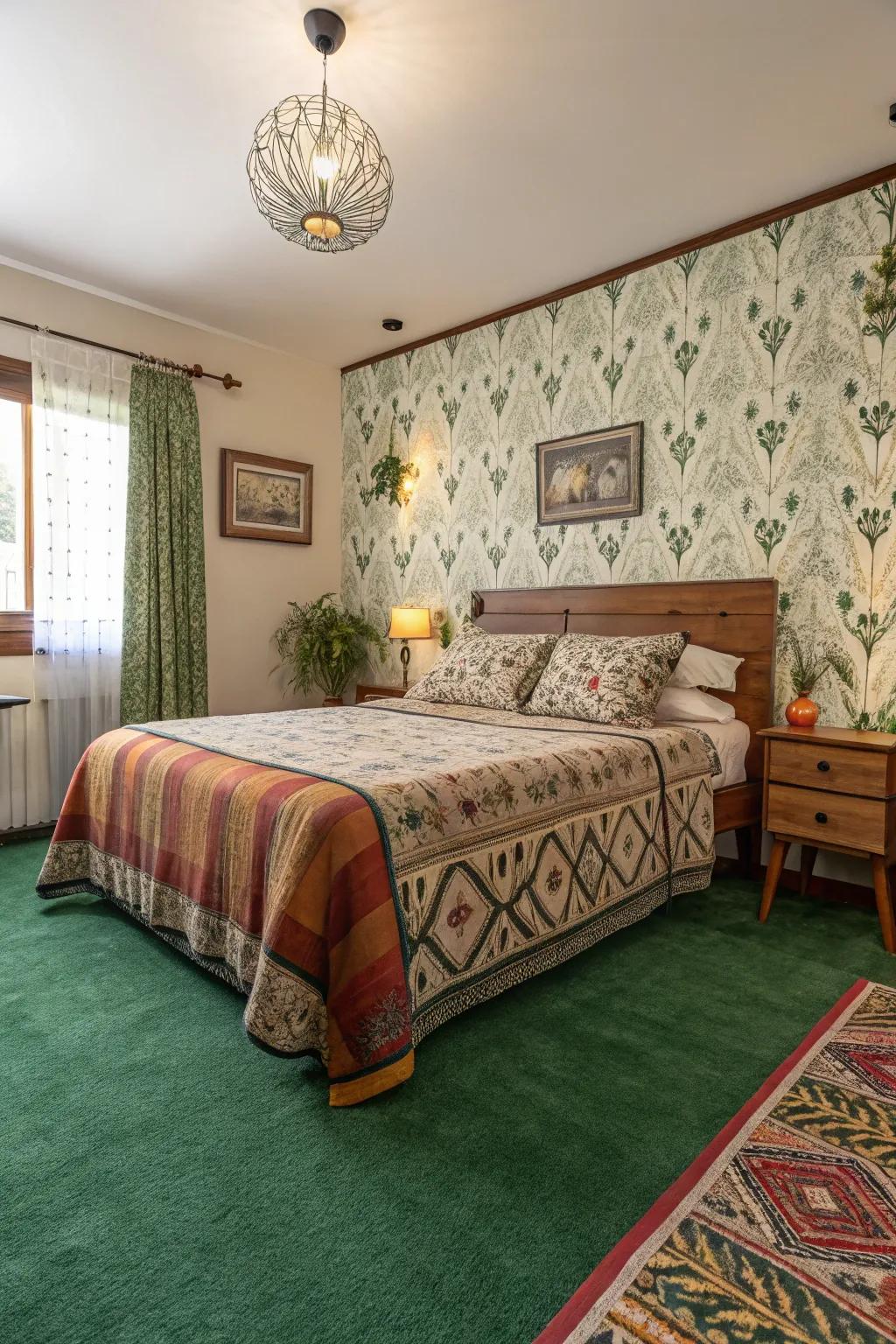 Patterns in bedding and wallpaper add a playful touch to the bedroom's design.