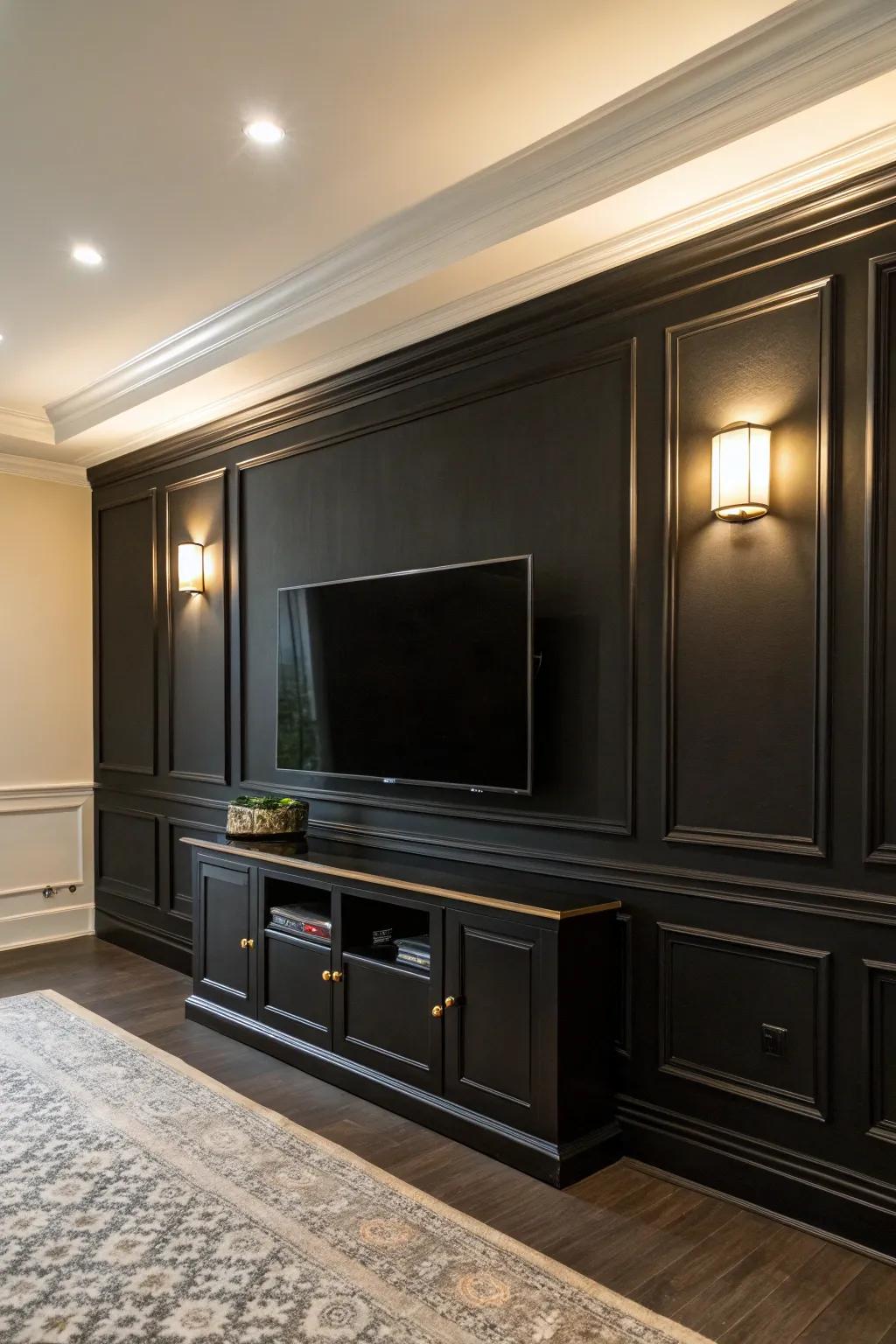 Highlighting architectural features creates a cohesive look with a black accent wall.